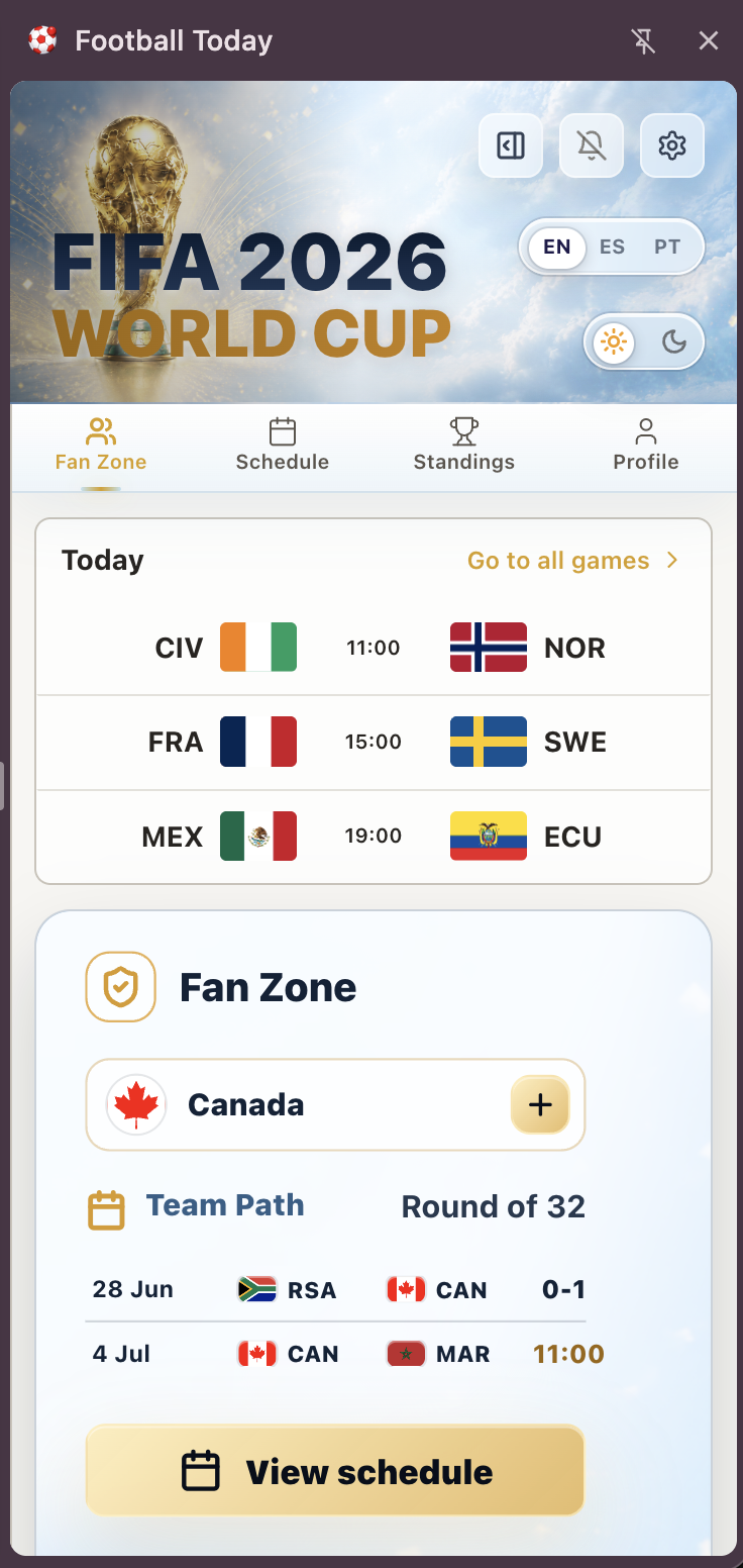 Football Today World Cup 2026 fan zone side panel with Canada schedule