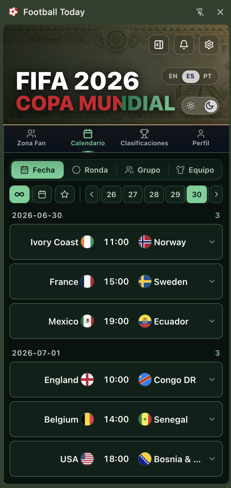 Football Today World Cup 2026 schedule side panel with date filter