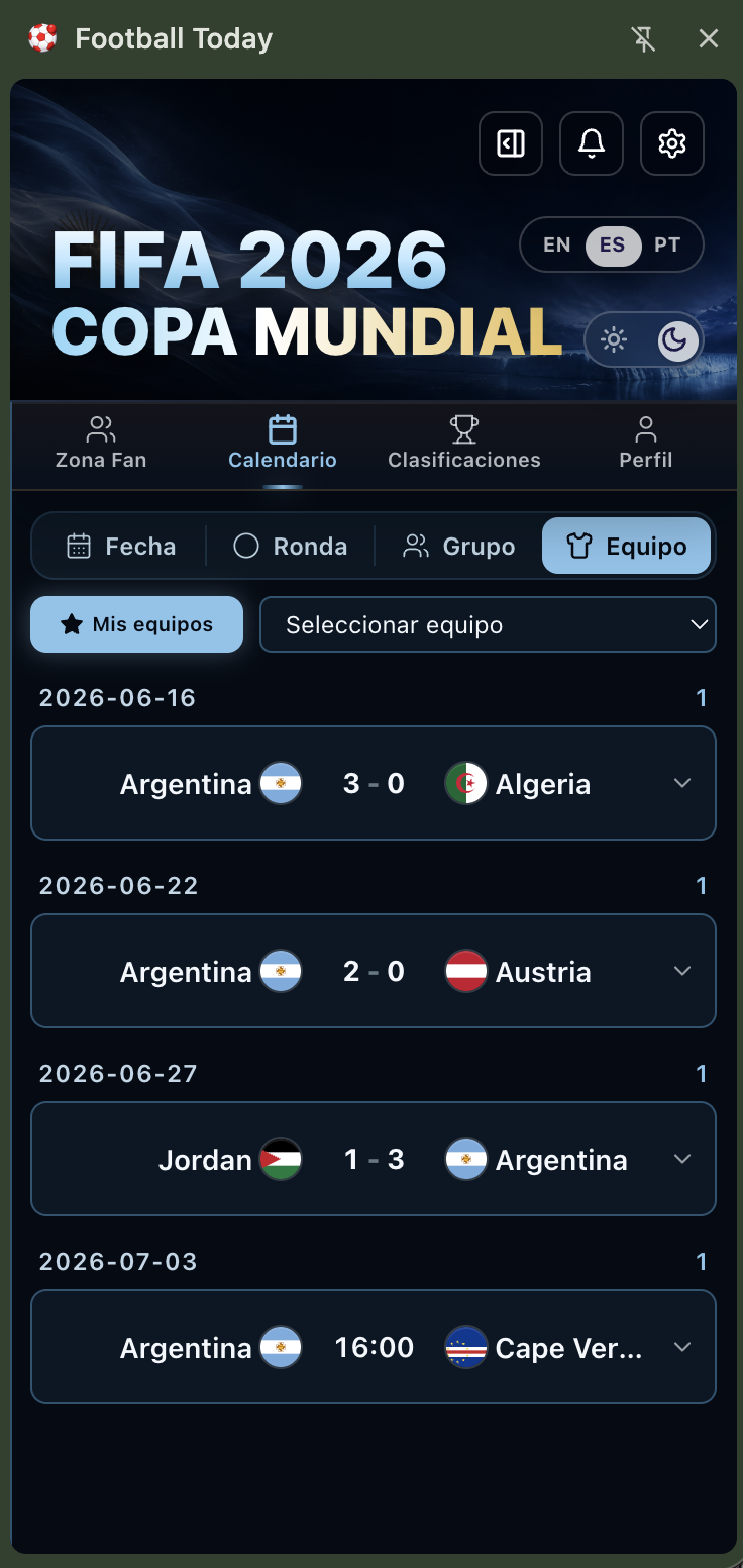 Football Today World Cup 2026 schedule side panel filtered by Argentina