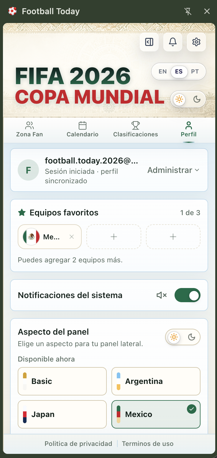 Football Today World Cup 2026 profile and appearance settings side panel