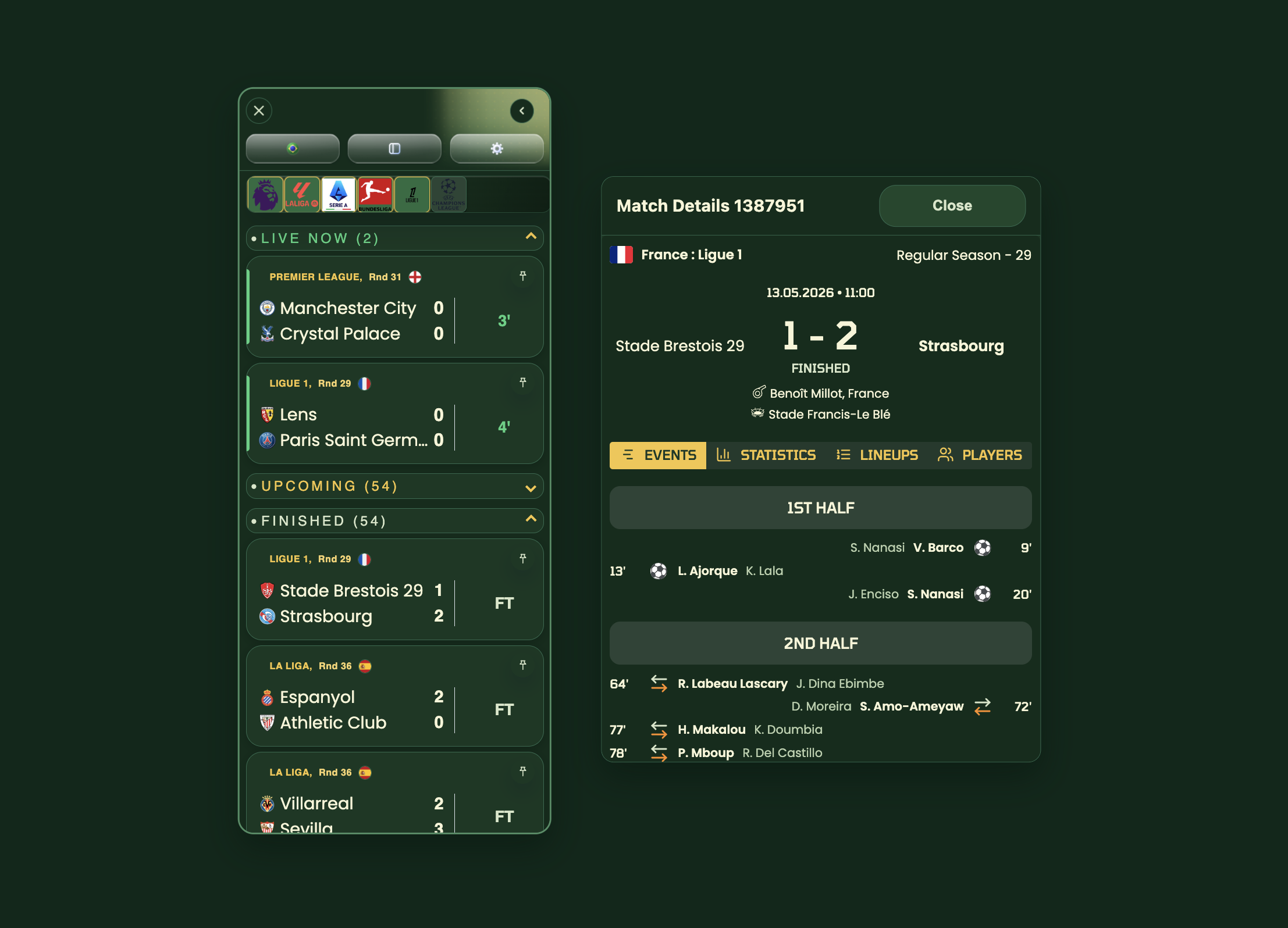 Football Today match details interface with live panel and detailed match view